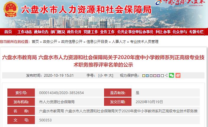 评审公示, 六盘水, 正高级教师